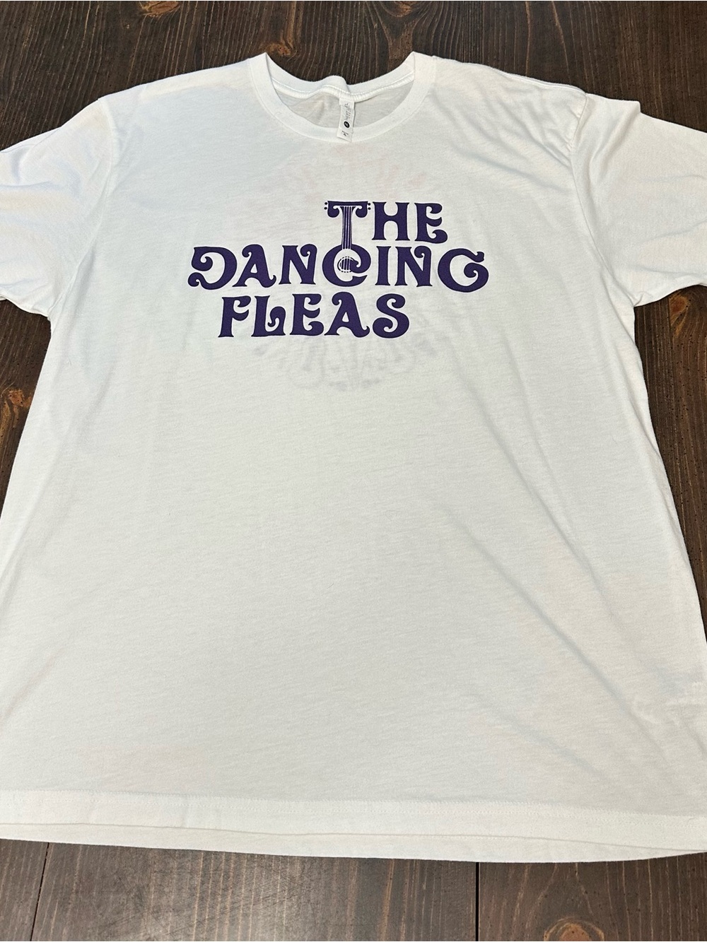 Next Level Apparel White Tee with Purple "The Dancing Fleas" Graphic Artsy